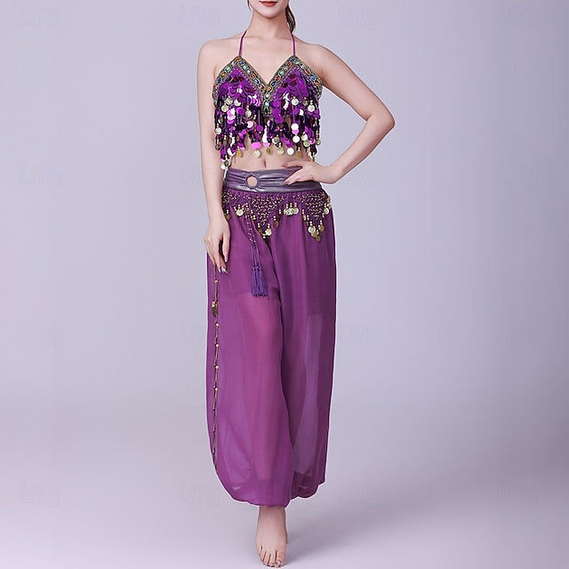 Latin Dance Top Gold Coin Pure Color Splicing Women's
