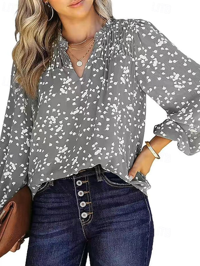Women's Blouse Ruched Print Polka Dot Vintage Stylish Long