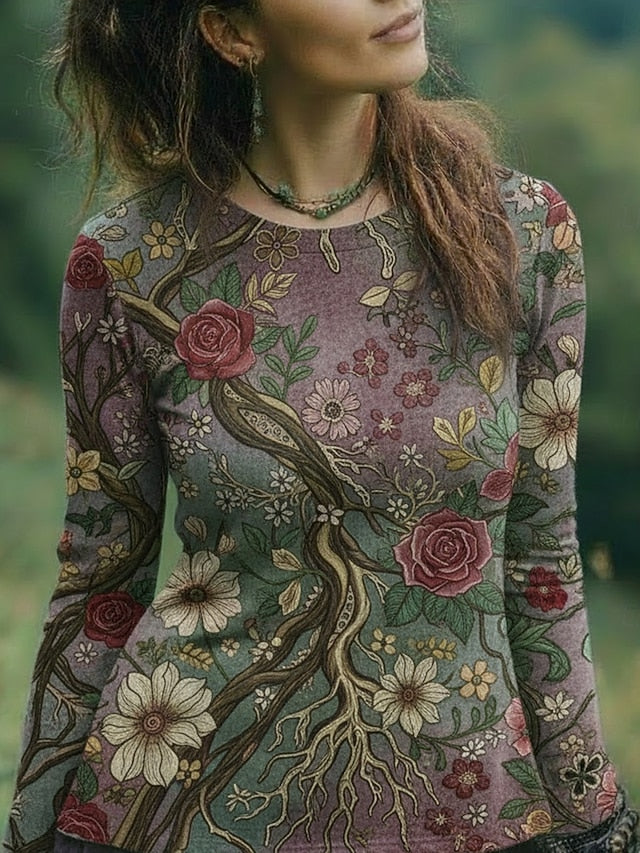 Women's Viking T Shirt Floral Graphic Bohemia Vintage