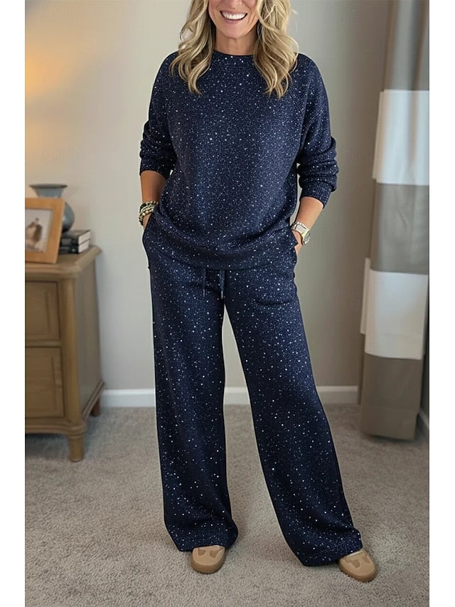 Women's Two Piece Sets Long Sleeve Round Neck Solid Color