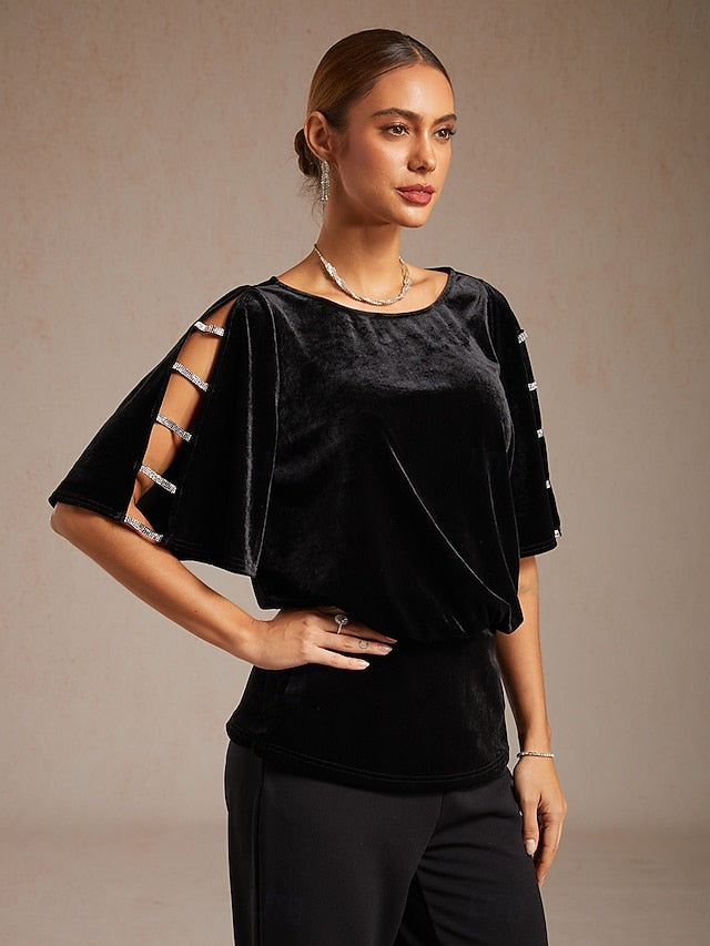 Women's Velvet Dressy Tops Beaded Cut Out Elegant Party