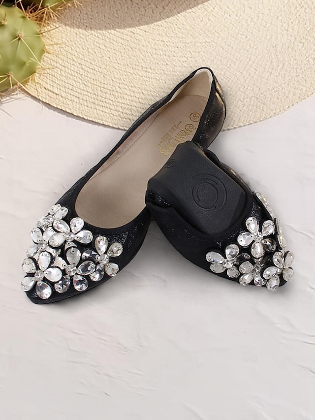 Women's Flats Foldable Silver with Rhinestone