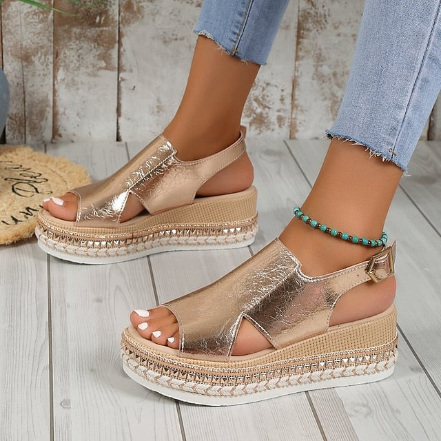 Platform Women's Leather Faux Metallic Espadrille Gold