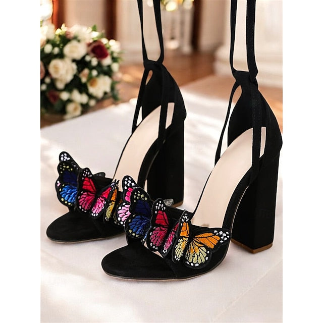 Black Embellished Heel Women Sandals Butterfly for High –