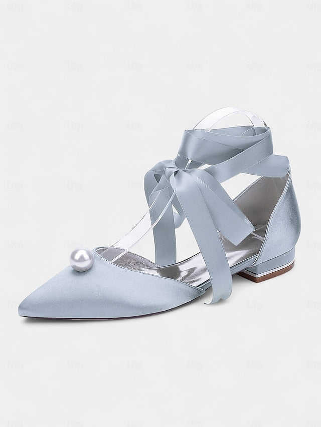 Pointed Toe Embellished Navy - Women's Pearl Satin Flats