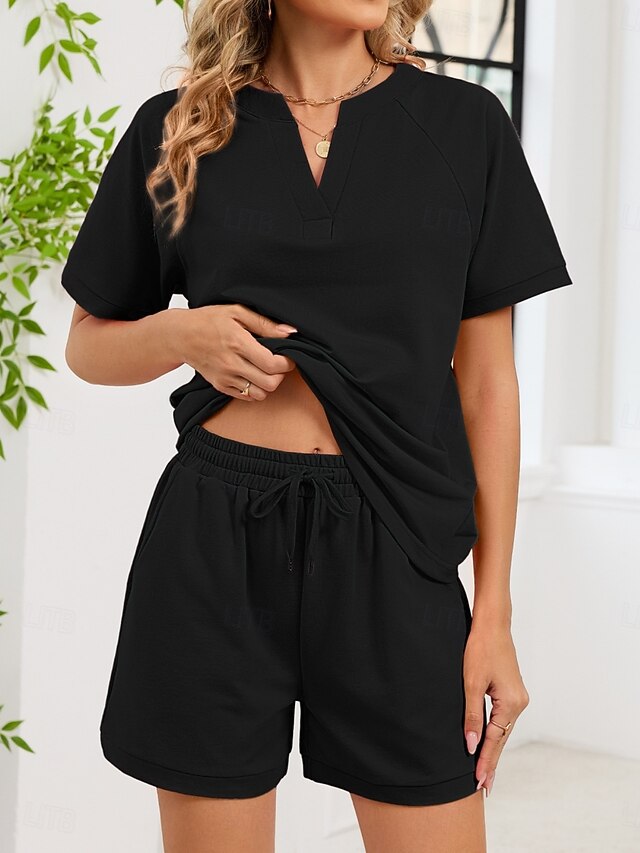 Women's Shorts Sets Short Sleeve V Neck Solid Color Fashion