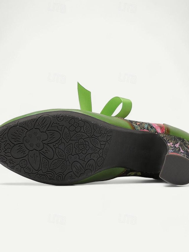Floral Women's Green Jane Leather with Mary Print Heels