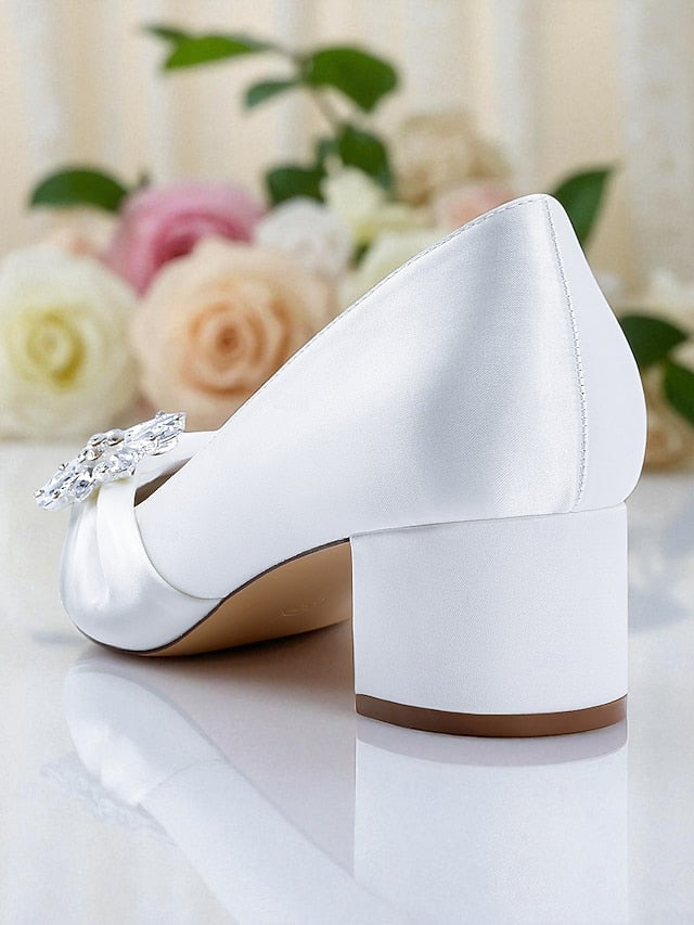 White Block with Women's Pumps Heel Low Crystal