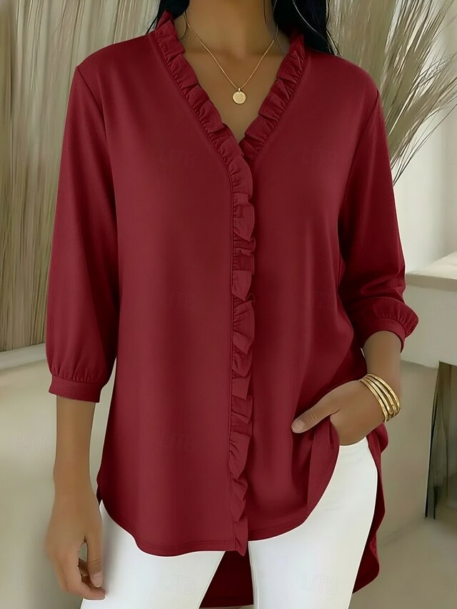 Women's Popover Shirt Casual Shirt Blouse Ruffle Solid