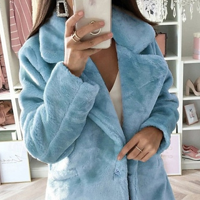 Winter Coat Fur Faux Pocket Women's Warm Comfortable