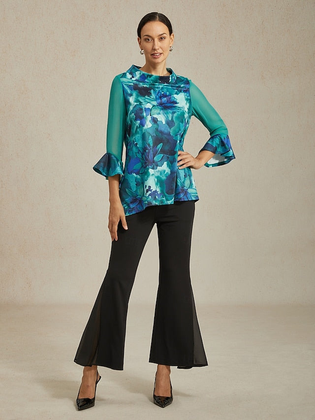 Women's Blouse Green Tie Dye Floral Stretch Knit Pullover