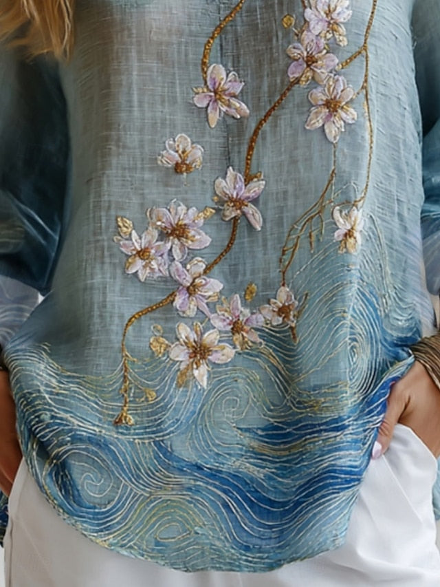 Women's Shirt Faux Cotton Linen Buttons Print Floral Daily
