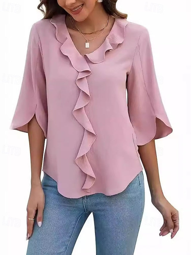 Women's Blouse Ruffle Plain Elegant Stylish Long Sleeve V