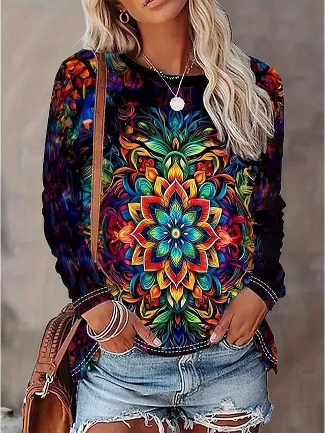 Women's T Shirt Print Graphic Mandala Geometry Vintage