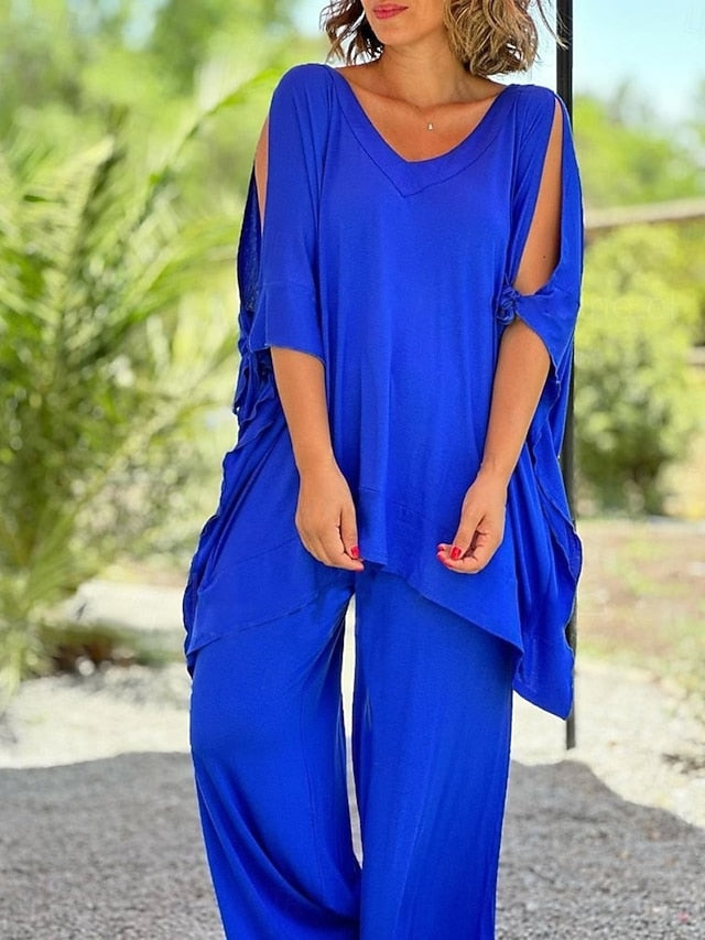 Women's Pants Sets 3/4 Length Sleeve V Neck Solid Color