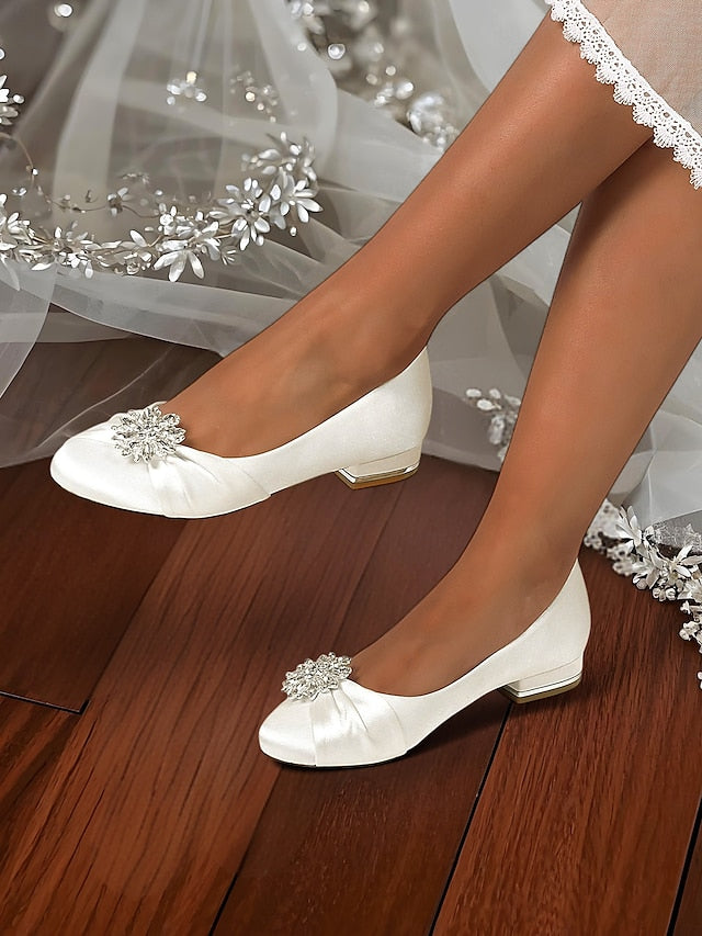 – White Satin Elegant Flats Crystal Women's Wedding