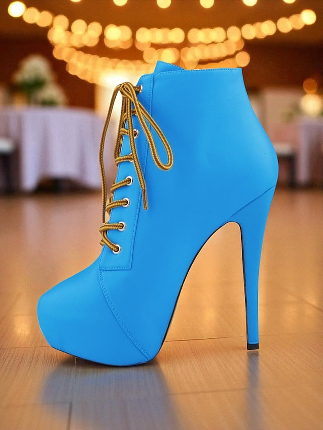 - Ankle Lace-Up Boots Leather Women's Beige Faux Platform