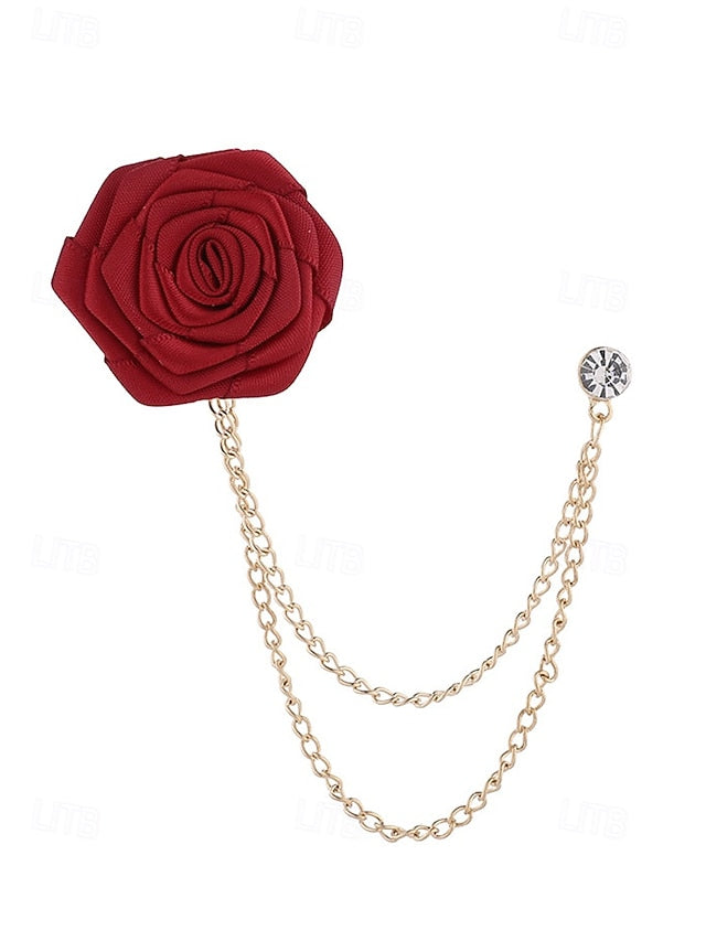 Men's Lapel Pin Rose with Chain Gold Elegant – Red