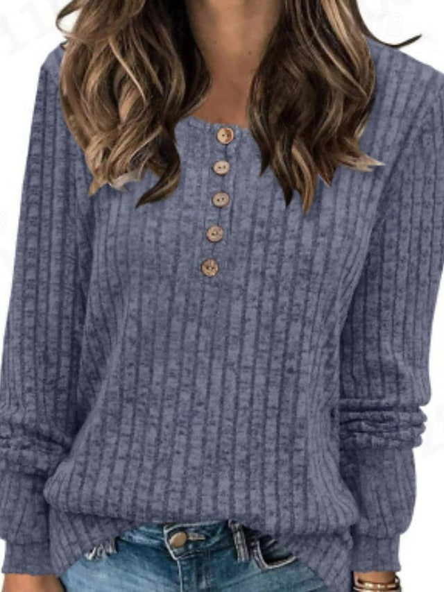 Women's Blouse Buttons Knit Solid Color Stylish Casual Long
