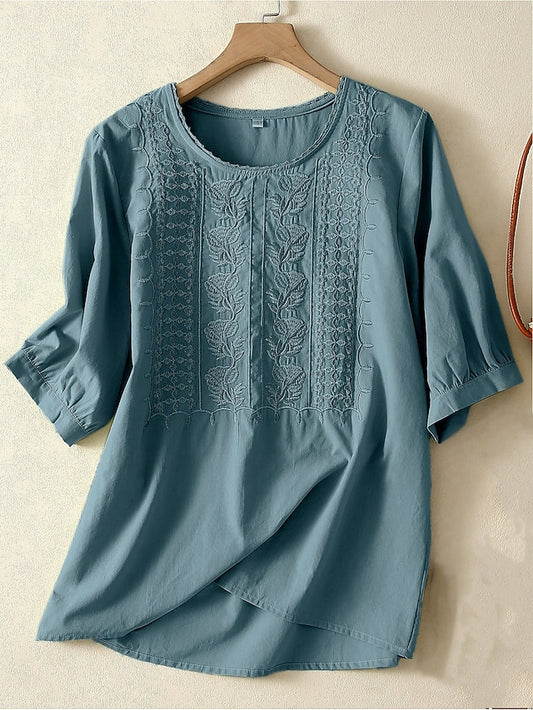 Women's Shirt Embroidered Solid Color Floral Casual Boho