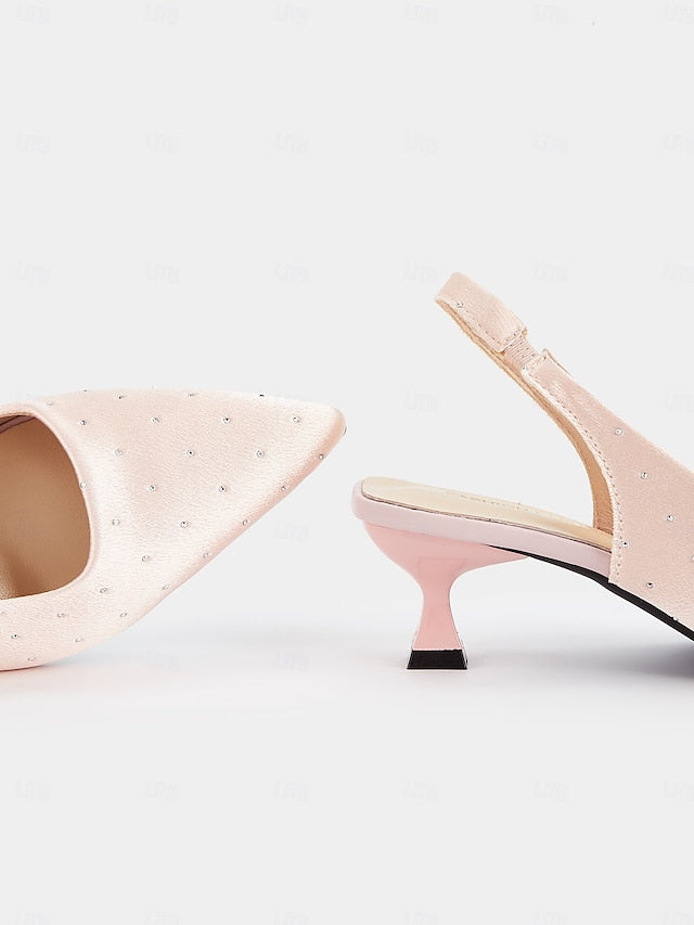 Slingback Heels with Satin Women's Studs Rhinestone Kitten