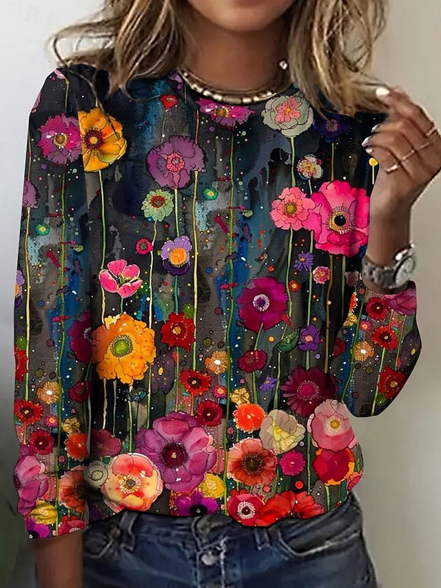 Women's T shirt Crew Neck Long Sleeve Tunic Oil painting