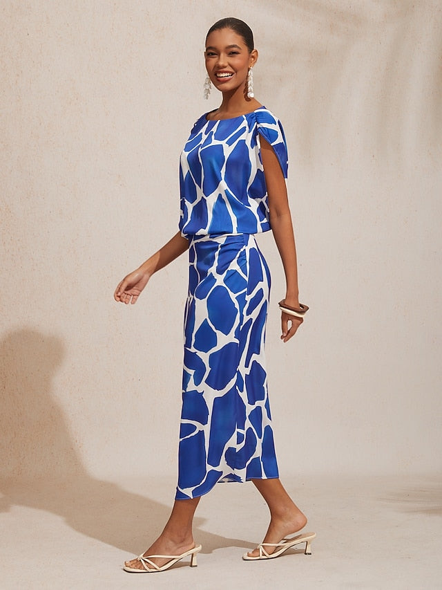 Vacation Geometric Color Block Print Fitted Satin Maxi Dress