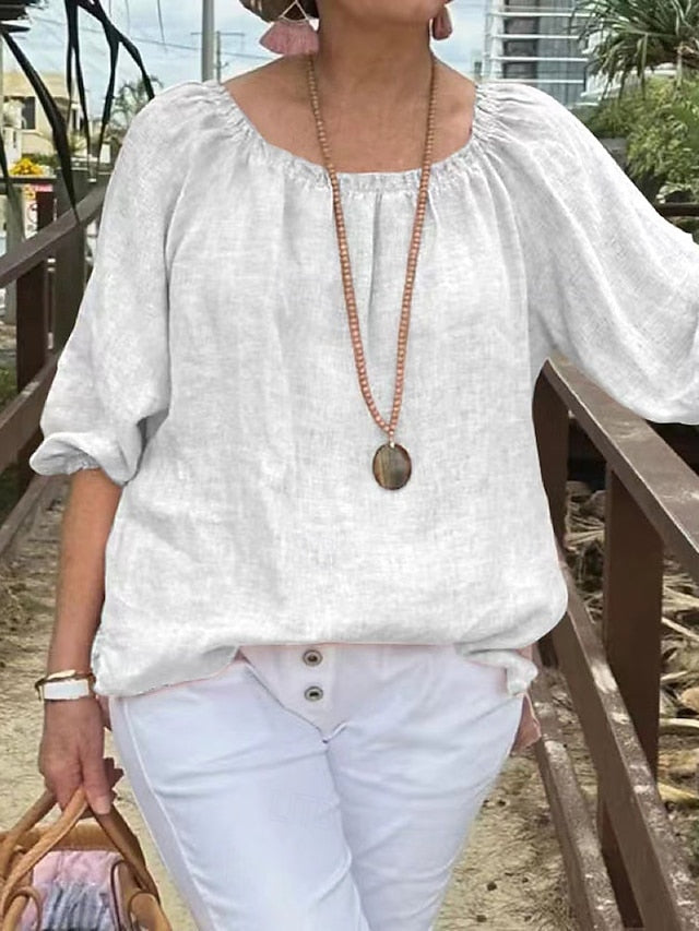 Women's Cotton Linen Shirts Blouse Patchwork Plain Elegant