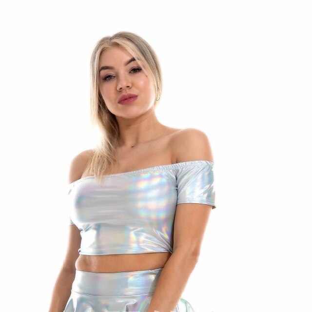 Metallic 1980s Shiny Latex Patent Crop Top PU Leather Off