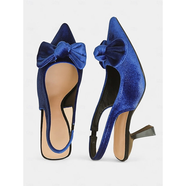 Velvet Pointed Toe Women's with Bow Slingback Heels Blue
