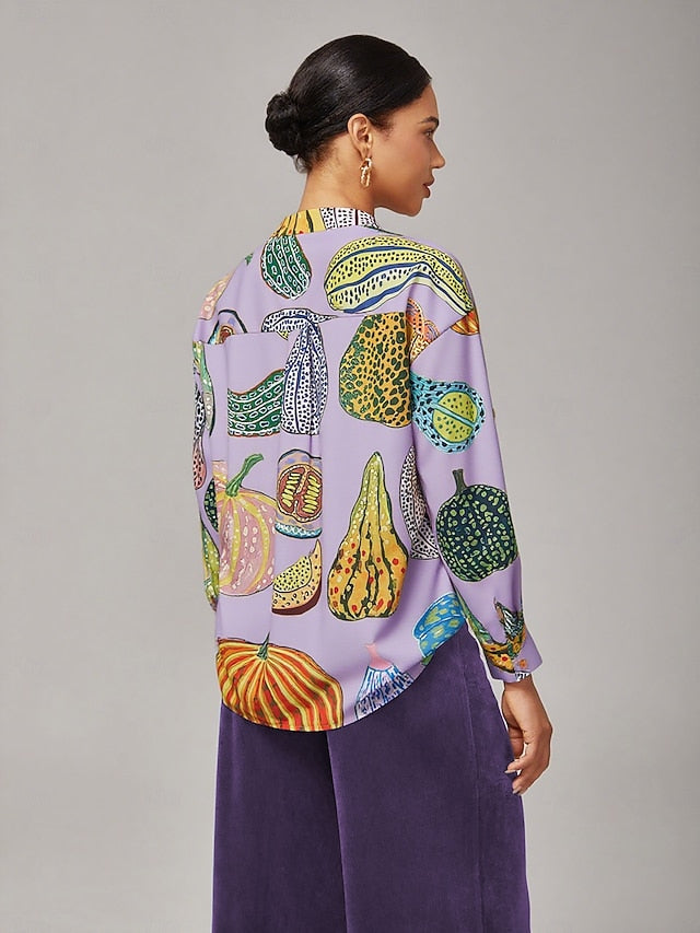 Women's Purple Pumpkin Print Pullover Shirt Loose Fit Drop
