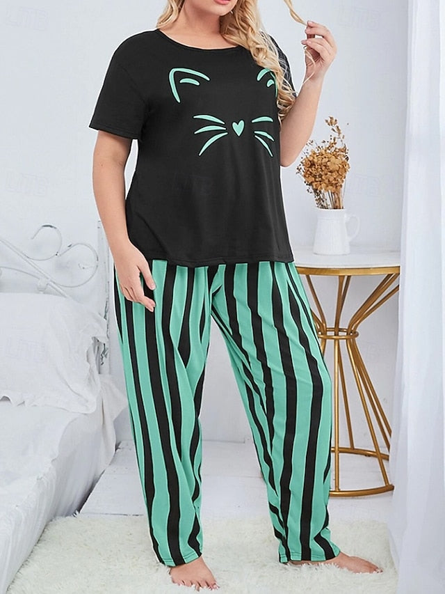 Women's Blouse Pants Sets Short Sleeve Crew Neck Cat