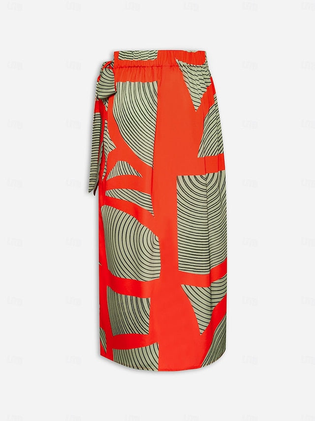 Women's Midi Skirt Green Color Block Elastic Waistband