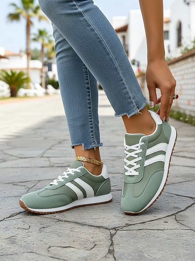 Women's Green Retro Stripe Sneakers – Breathable Low-Top