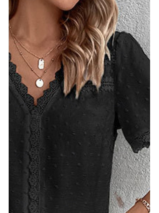 Women's T Shirt Lace Solid Color Fashion Short Sleeve V