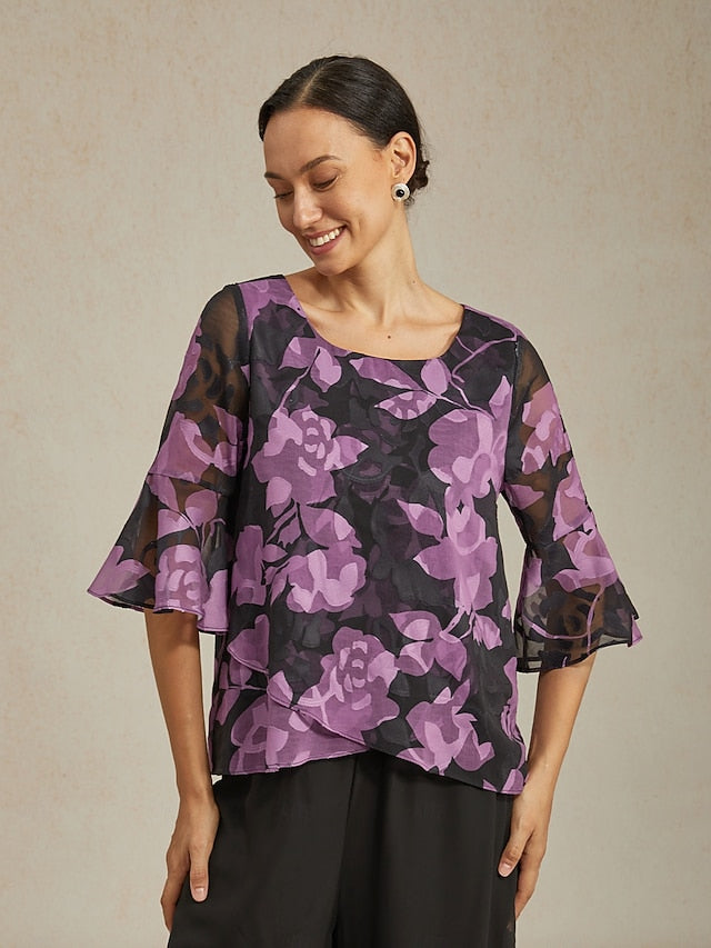 Women's Chiffon Burnout Top Black Purple Round Neck Casual