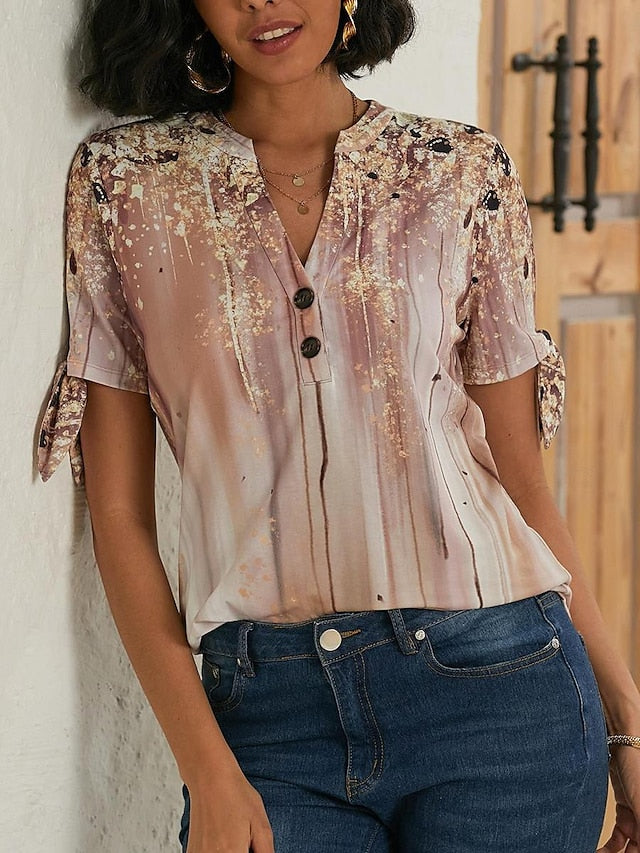 Women's T shirt Tee Graphic Print V Neck Tie Short Sleeve