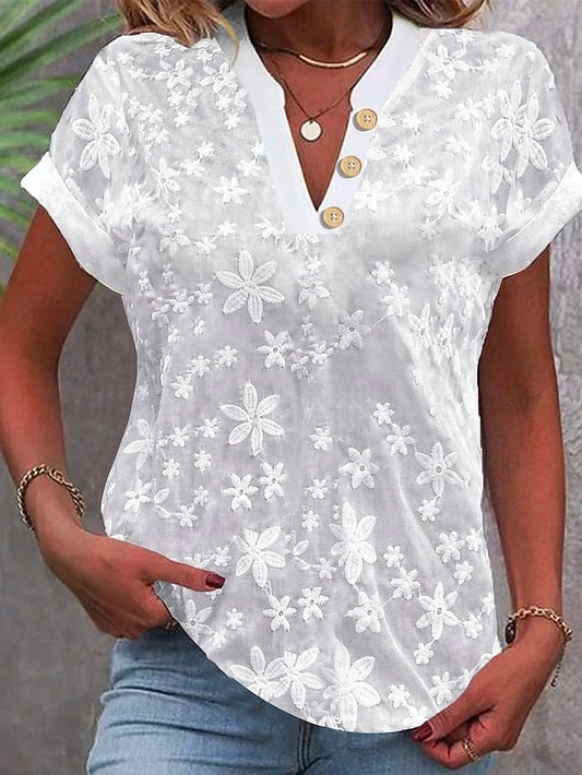 Women's Blouse Lace Solid Color Stylish Casual Short Sleeve