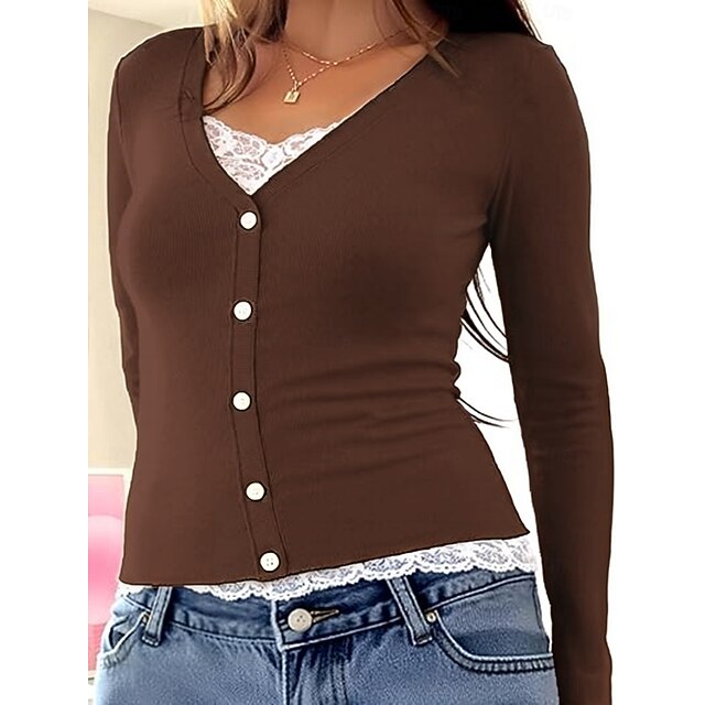 Women's Blouse Lace Patchwork Buttons Solid Color Elegant