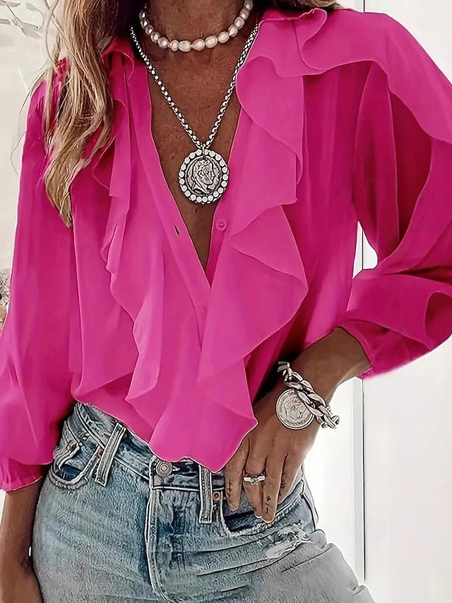 Women's Shirt Blouse Ruffle Plain Elegant Stylish Long