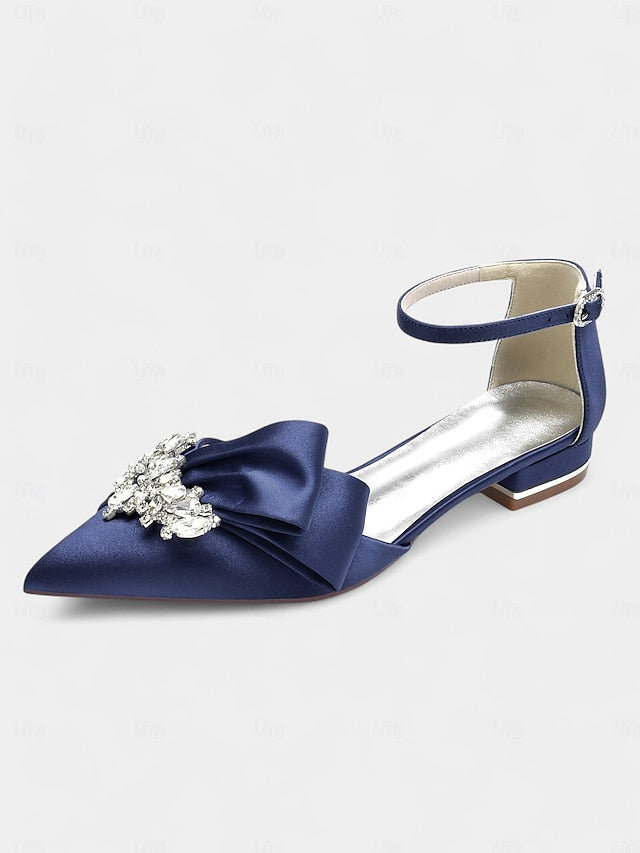 Rhinestone Satin Pointed-Toe Ankle White and Heels with Bow
