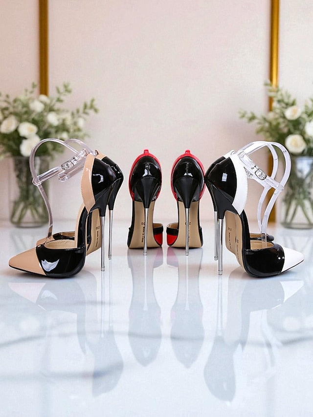 Pointed Black Toe Leather and Women's Patent Red Stiletto