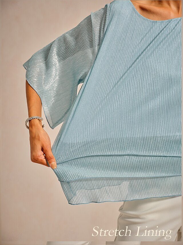 Women's Blouse Chiffon Tops Pleated Layered Metallic