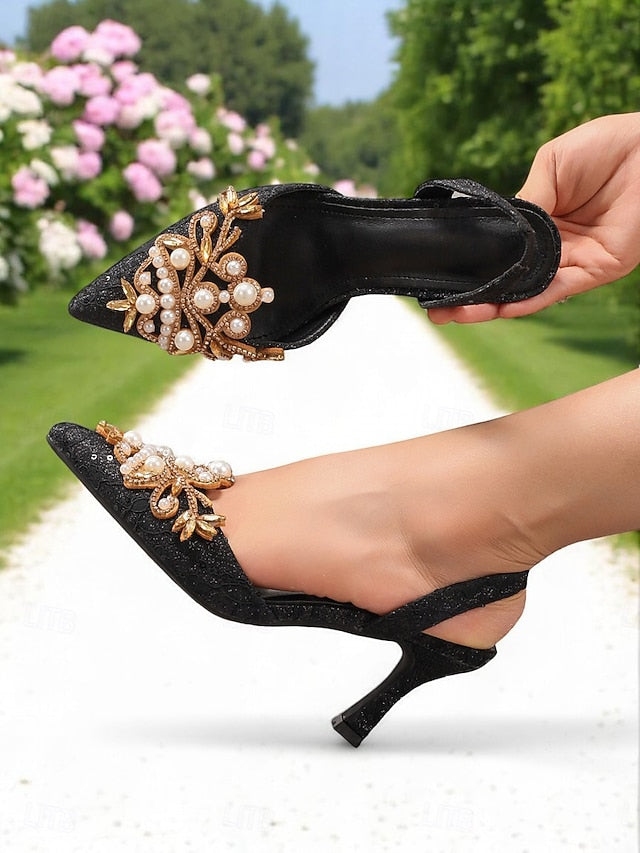 Heels Satin Slingback Detailing Women's Pearl with - Black