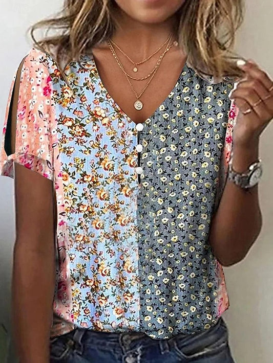 Women's Blouse V-Neck Short Sleeve Split Floral Print