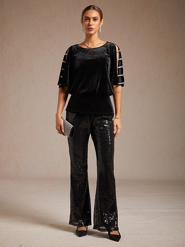 Women's Velvet Dressy Tops Beaded Cut Out Elegant Party