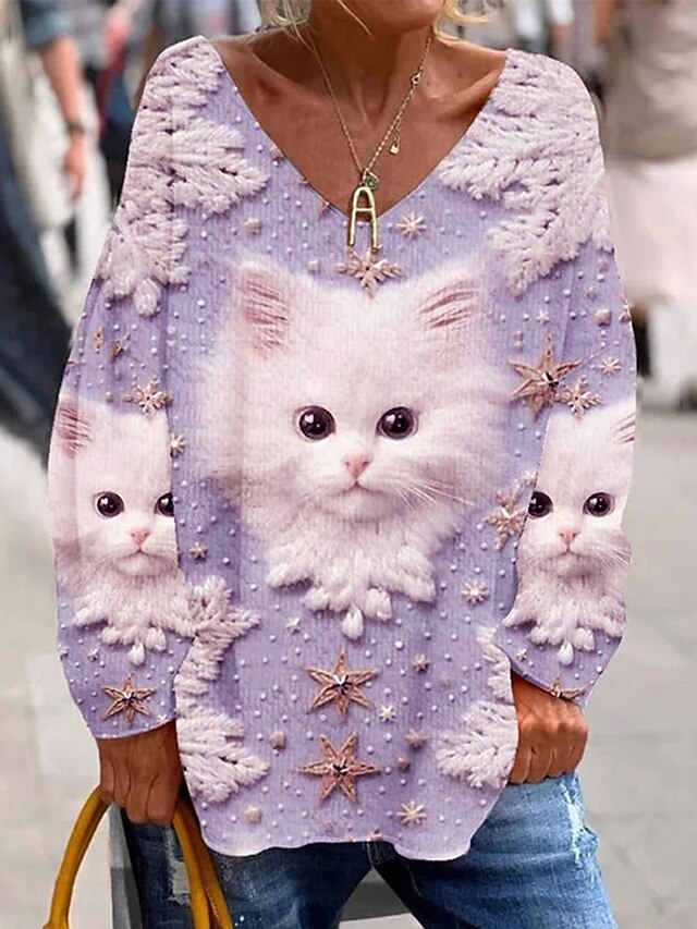 Women's T Shirt Print Graphic Animal Cat Elegant Vintage