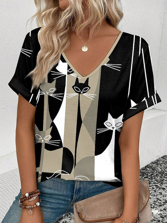 Women's T Shirt Casual Color Block Cat Print Short Sleeve