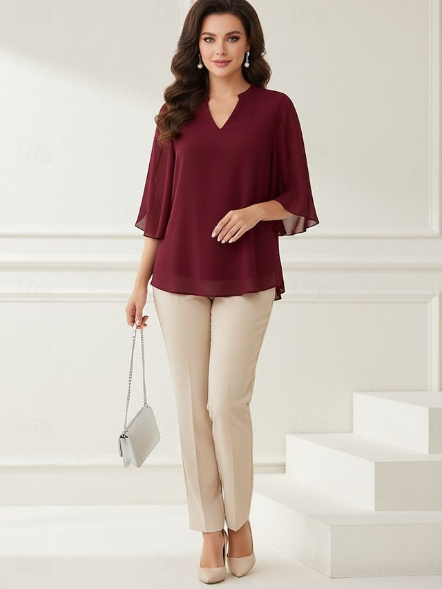 Women's Blouse Chiffon Tops Patchwork Plain Elegant Stylish