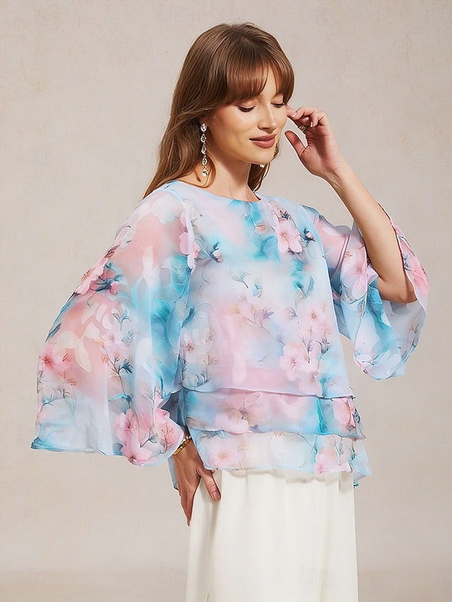 Women's Sheer Blouse Chiffon Tops Layered Floral Elegant